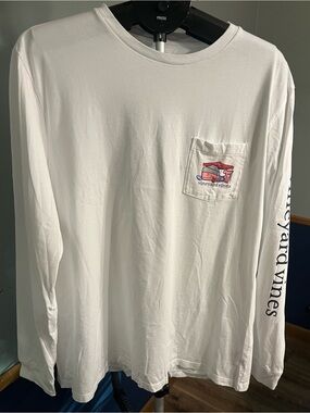 Vineyard Vines White Long-Sleeve Pocket Tee with Pink Graphic